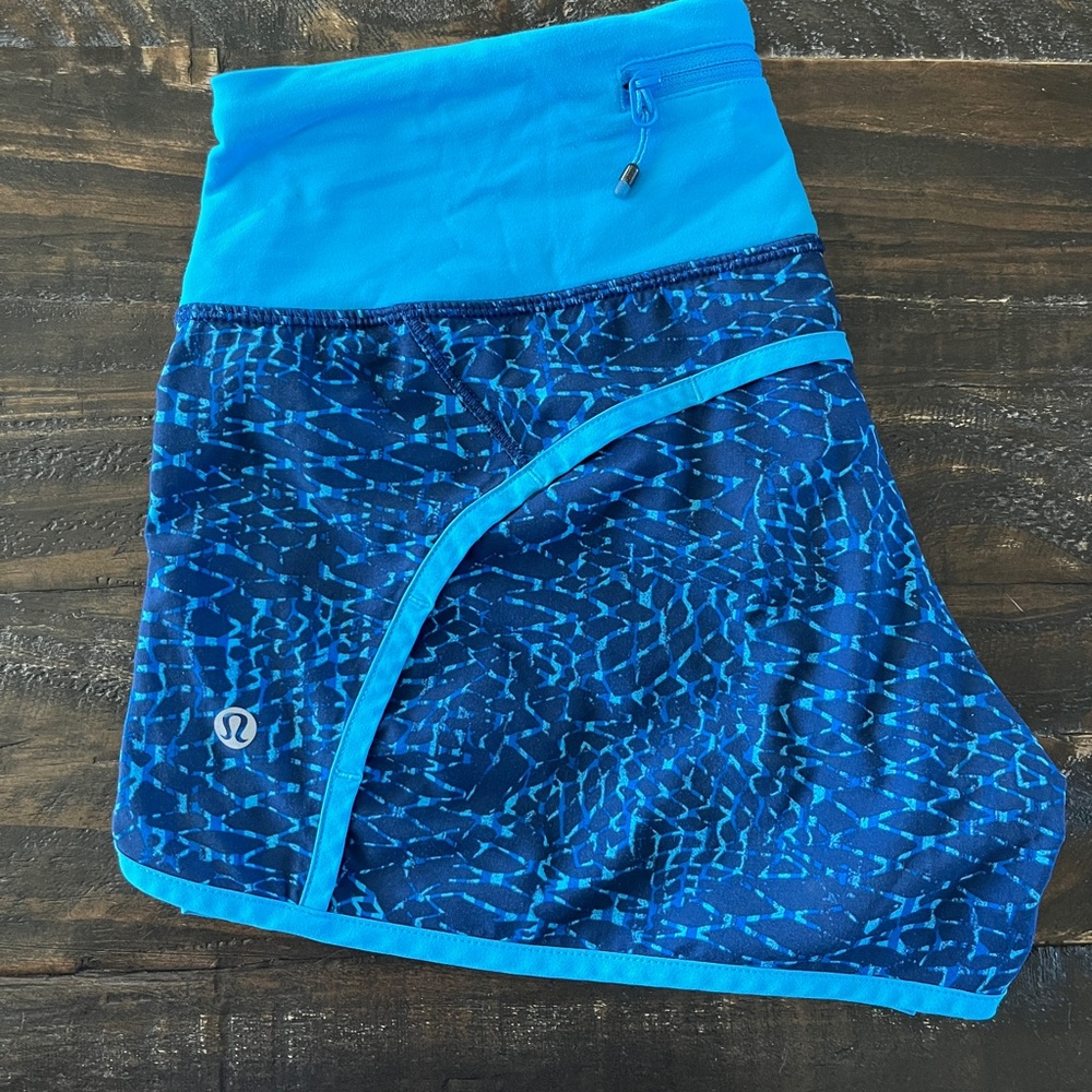Lululemon Speed Running Lined Short Aqua Blue Print EUC
